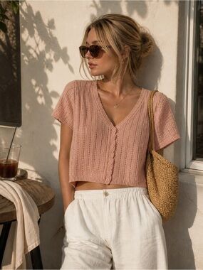 Mable Dusty Pink Knit Cropped Cardigan Top | Soft Cottagecore Sweater | Small